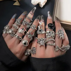 24Pcs Vintage Silver Gothic Ring Set for Women Men, Aesthetic Goth Skull Butterfly Spider Knuckle Rings, Trendy Punk Evil Eye Face Mask Snake Finger Jewelry Gift