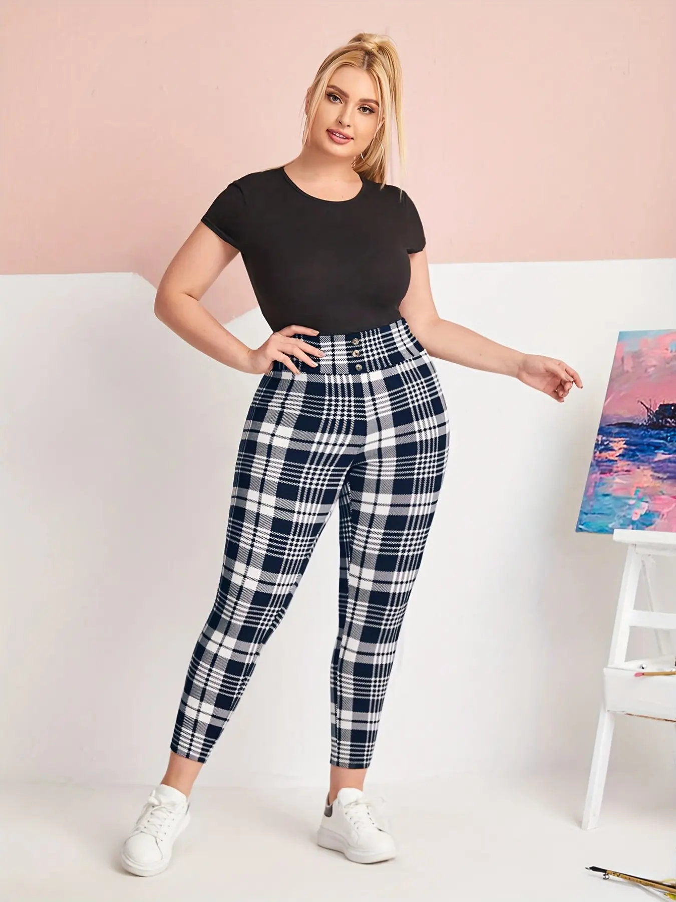 Trendy Plaid Print Tight-Fit Pants, Front Button Design, Comfortable Slim Fit Leggings, Fashionable European and American Style