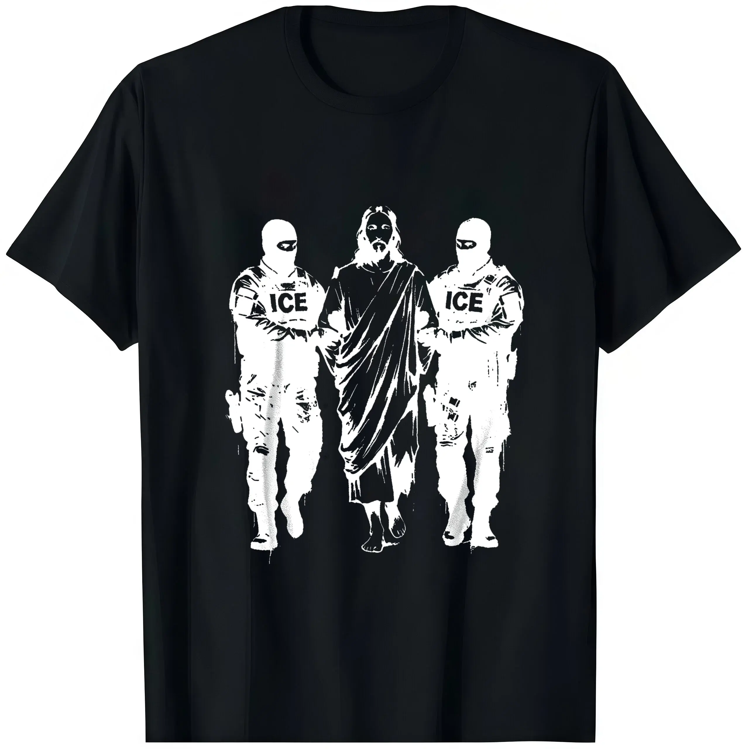 😂🧊Streetwear Anti ICE Jesus Arrested Tee Religious Satire Graphic T-Shirt Progressive Christian Protest Top Activist Gift For Men Women St. Patrick's Day Outfits Street Style Aesthetic Y2K Boyfriend Fit Casual  Clothes