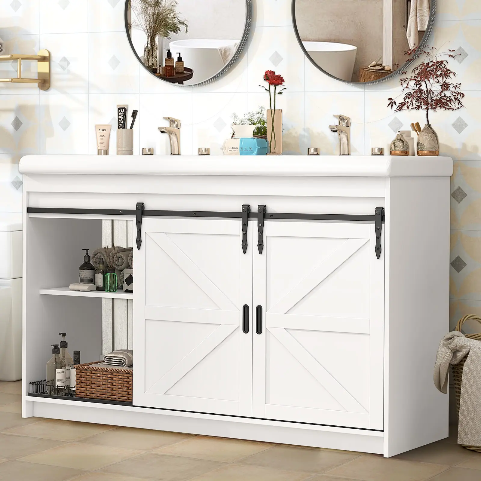 47" Bathroom Sliding Door Vanity 2 Ceramic Sinks Marble Countertop White