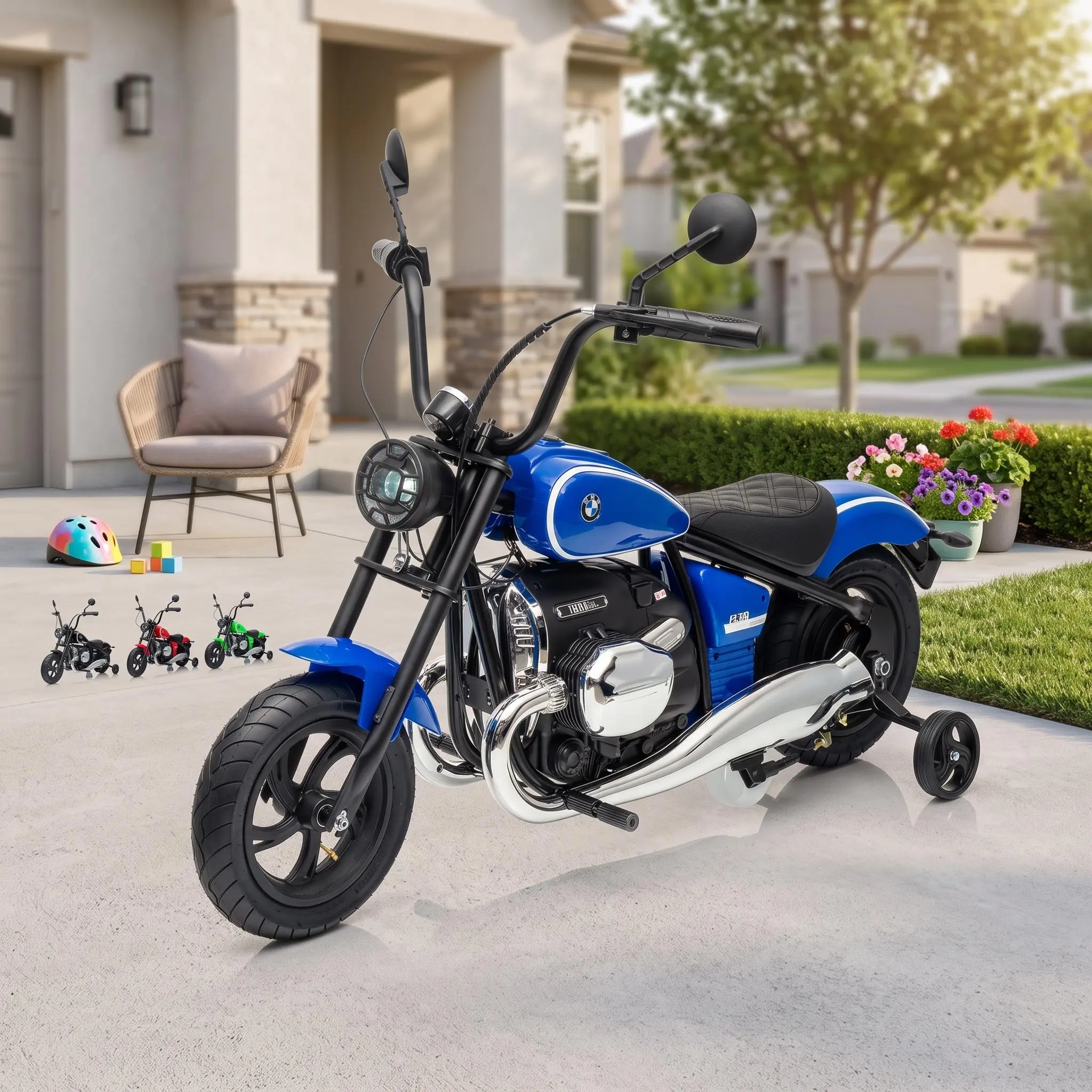 【IdealHouse】24V Kids Electric Ride-On Motorcycle, Battery Powered Outdoor Toy with Realistic Look, Stable Safe Training Wheels & Simple Easy Operation, Electric Vehicle Toy Ideal for Boys and Girls Ages 5 to 1