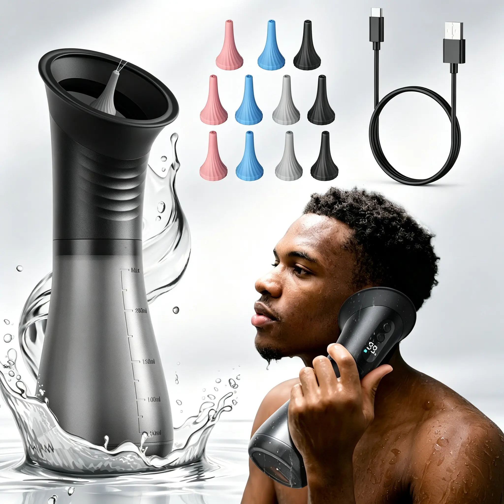 Rechargeable Powered Ear Wax Remover, Upgraded 2-in-1 Dual Fresh & Sewage Water Tank Ear Irrigation Cleaner, Earwax Cleaner, 3 PressureModes & Interchangeable 1/3/5-Hole Nozzles, Battery Display Home Ear Washing Kit for Daily Household Ear Care
