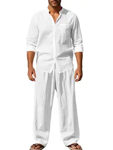 Cross-Border Autumn Linen Loose Breathable Simple Henry Shirt Long Sleeve Home Beach Pants Set for Men, Comfortable and Stylish