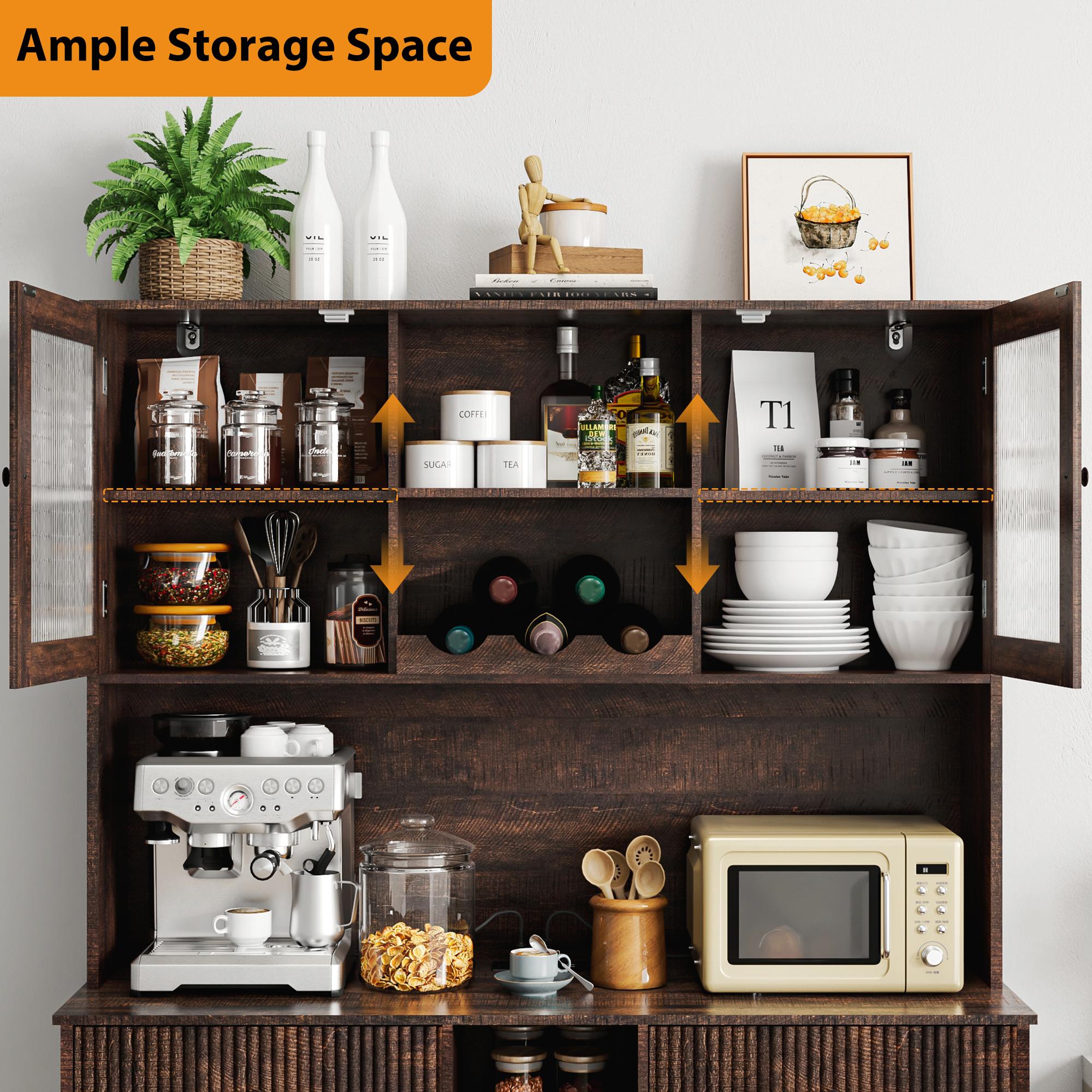 【2Packages Shipping】10×2 Gallon Double Tilt Out Garbage Can Hutch Cabinet with Two Drawers, 71'' Farmhouse Pantry Cabinet with Power Outlet, 47" Wide Pantry with Hidden Garbage Storage for Dining Room, White/Dark Brown