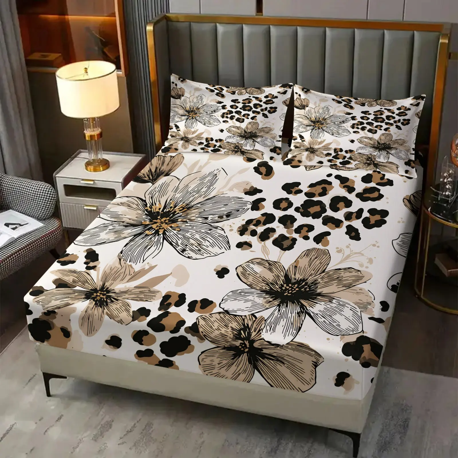Ink Wash Light Khaki Large Floral & Brown Leopard Spliced Fitted Sheet Set  & 2 Coreless Pillowcases, Skin-friendly Breathable Deep Pocket Anti-slip Mattress Cover, Boho Retro Neutral Luxury Bedding For Bedroom And Apartment Decor, Floral Bed Sheets