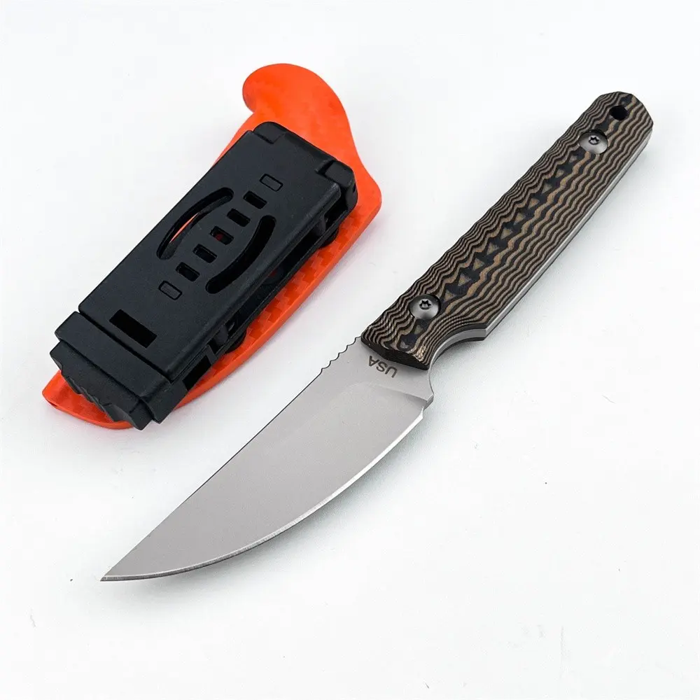 Outdoor portable hunting knife, high-hardness brushed 8Cr14Mov steel curved blade, wave-textured composite double-color G10 handle, orange formed K sheath, suitable for camping hiking, hunting exploration, and carry-on EDC emergency use