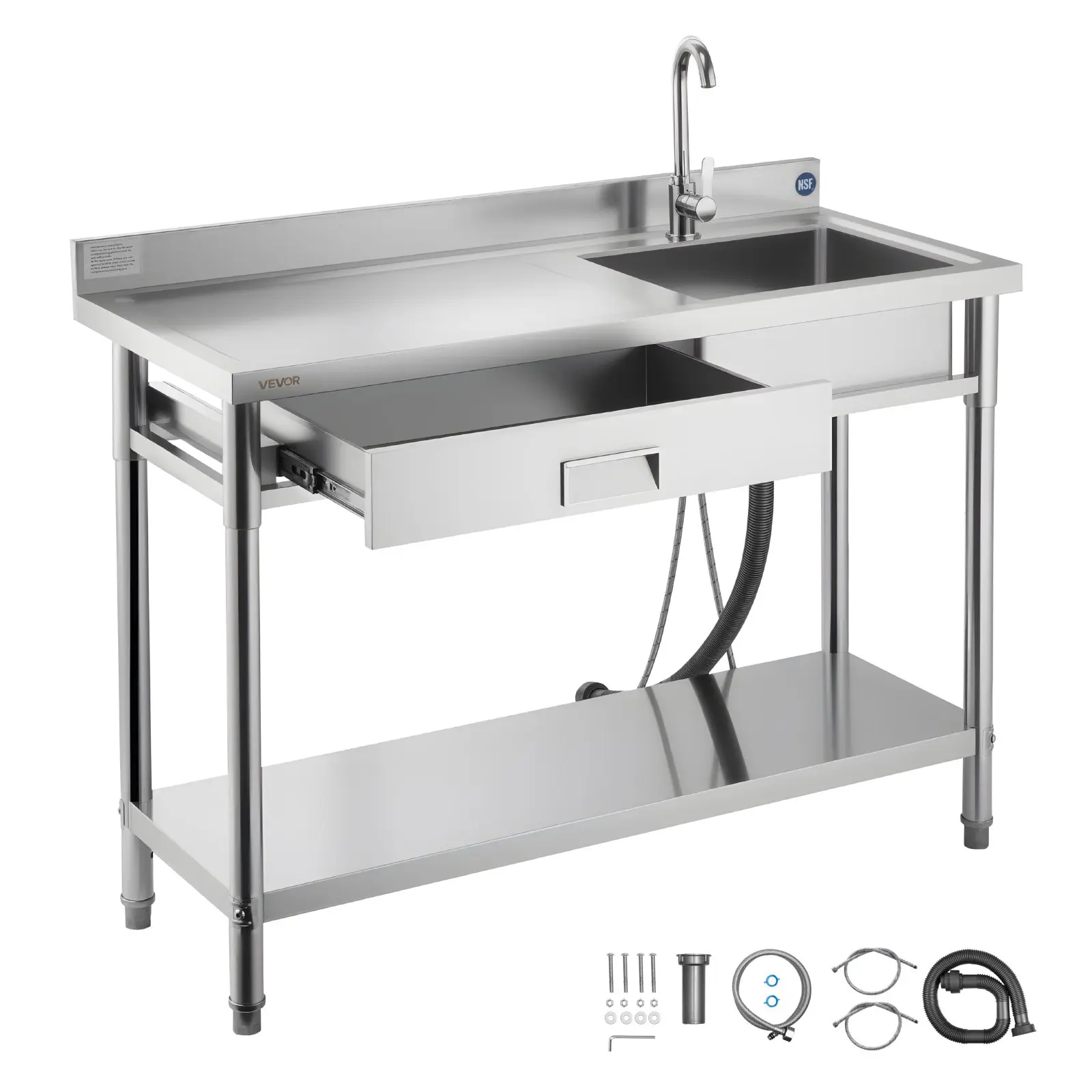 VEVOR Adjustable Stainless Steel Utility Sink - Rolling Single Bowl Commercial Sink with Drawer, Hot/Cold Tap, Pipe, 47.2x19.7x37in for Restaurant, Bar, Patio, Buffet, Garage Pet Care Use