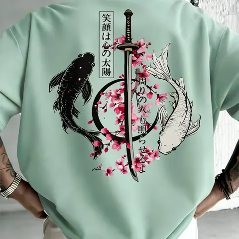Men's Vintage Cherry Blossom Streetwear Tee, Japanese High-Street Samurai Sword Koi Print T-Shirt, Casual Fitted Short Sleeve Top, Streetwear Graphic Tees