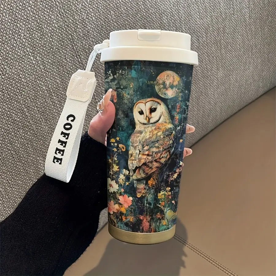 Strange Owl Coffee Cup, 530ML Insulated Tumbler with Straw and Lid, Double Wall Vacuum Travel Mug, Leak-Proof, Portable, Gift Idea