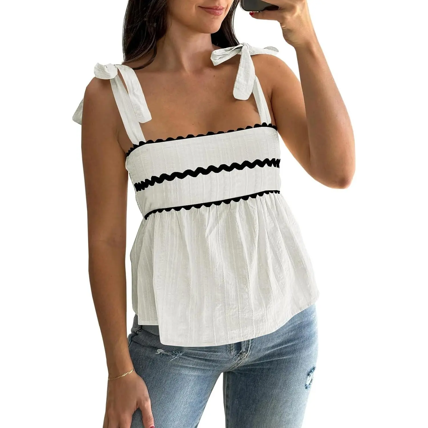 Womens Cute Tank Tops Summer Casual Peplum Babydoll Square Neck Tie Strap Backless Shirts