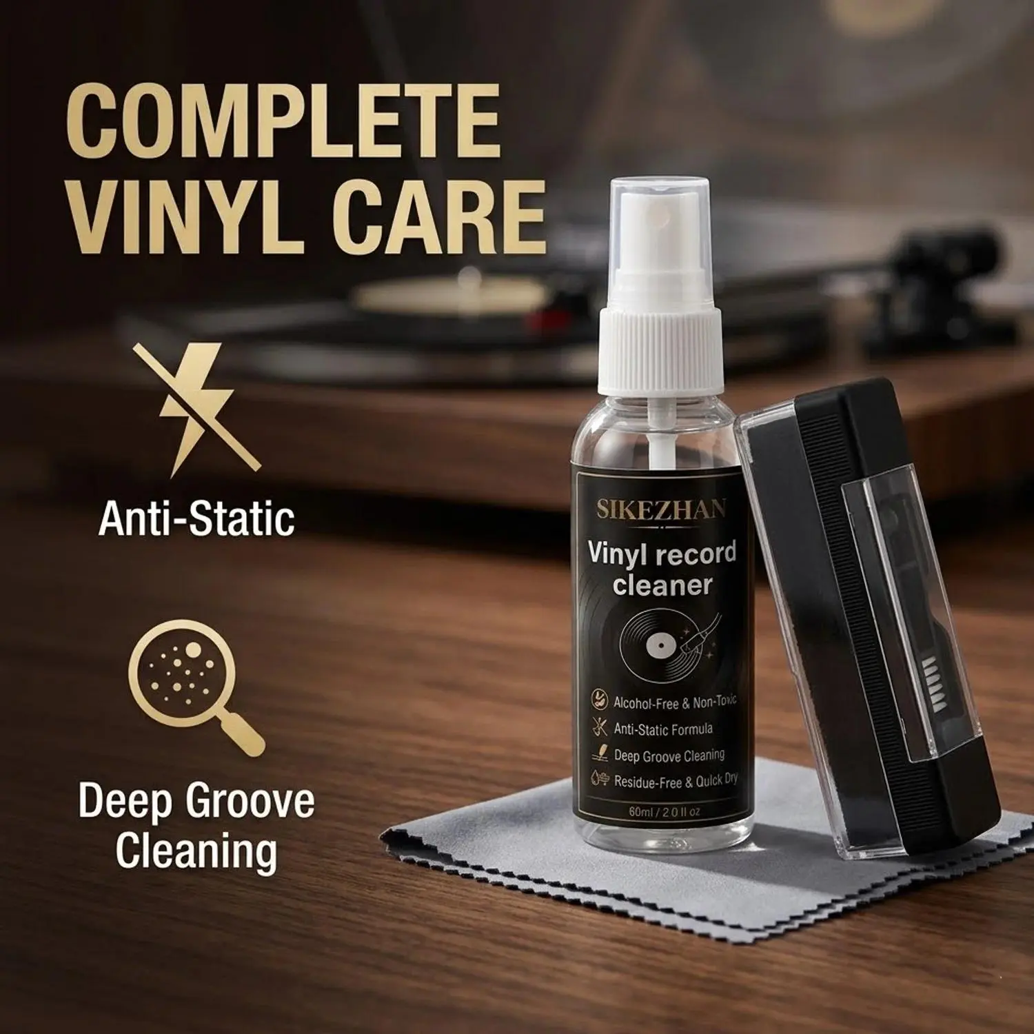 SIKEZHAN Professional Vinyl Record Cleaner Kit, Cleaning Set, Safe Alcohol-Free 60ml Spray, Anti-Static Velvet Brush & Microfiber Cloth, LP Turntable Care Set to Restore Vintage Sound Quality, Remove Dust & Protect Vinyl Record Collection Today!