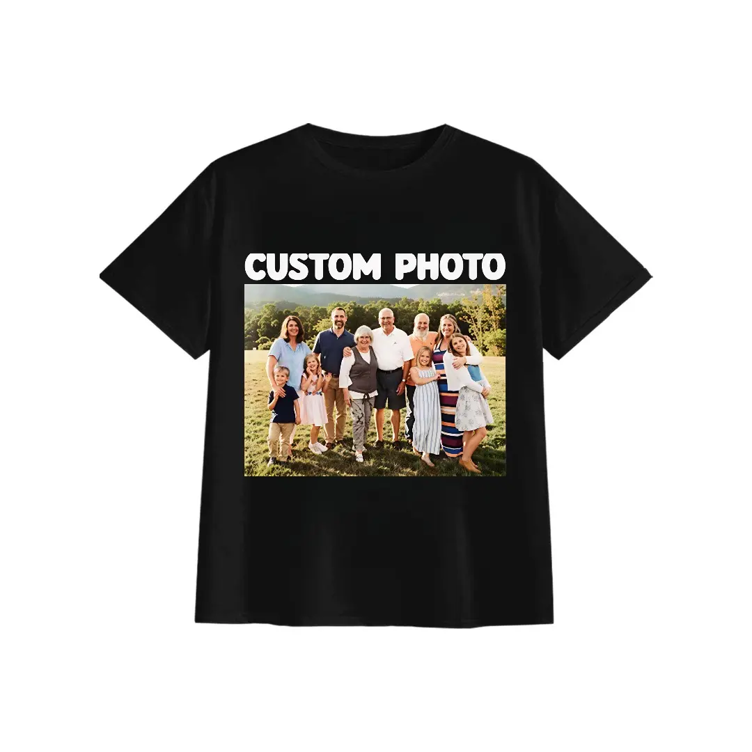 Streetwear Oversized Black Unisex T-shirt Men Women, Custom Upload Family Photo Crew Neck Short Sleeve Tee, Comfort Personalized Fashion Top for Outdoor Daily Looks
