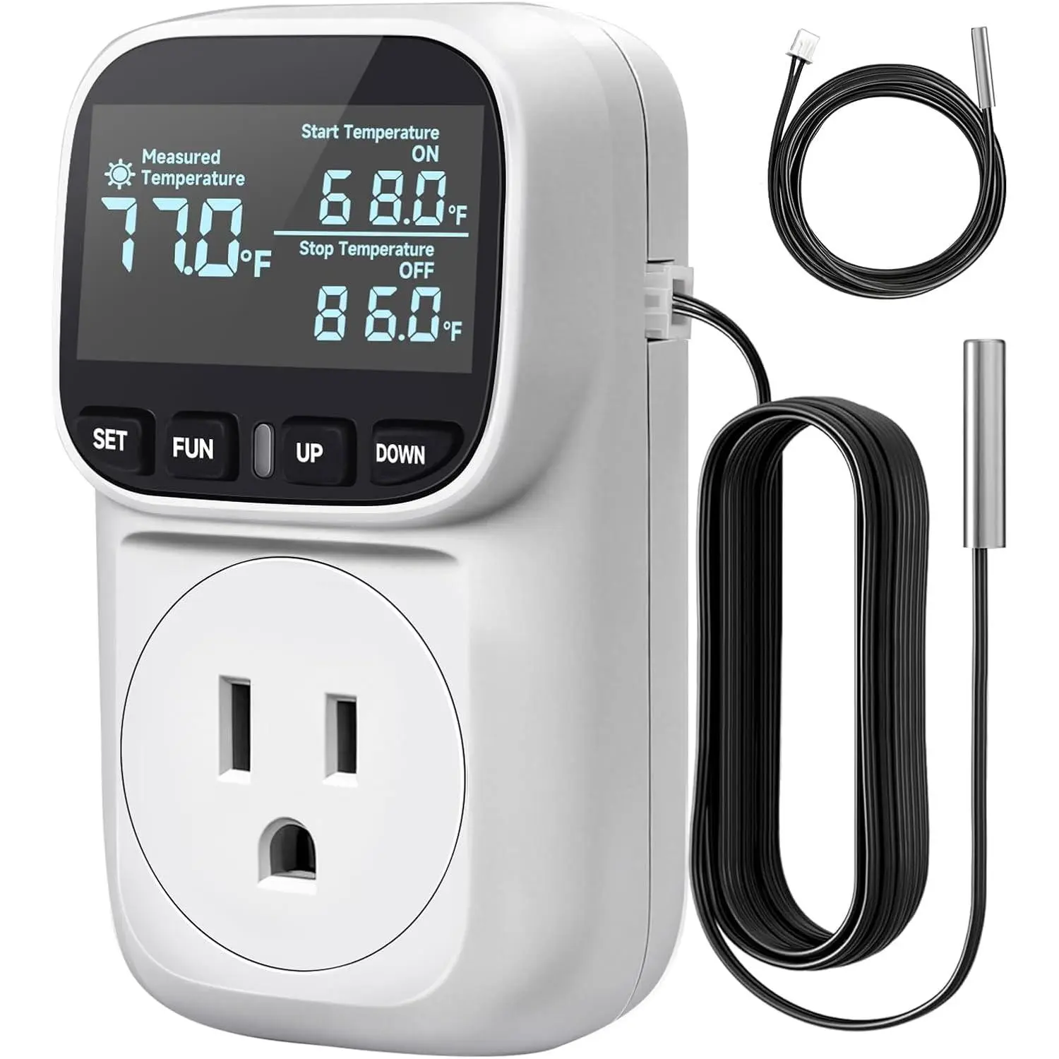 Temperature Controller 15A/1800W, Digital Timer Thermostat Outlet Plug for Fan, Cooling Devices, CyclicTiming/Countdown, VA Display,-40°F~210°F