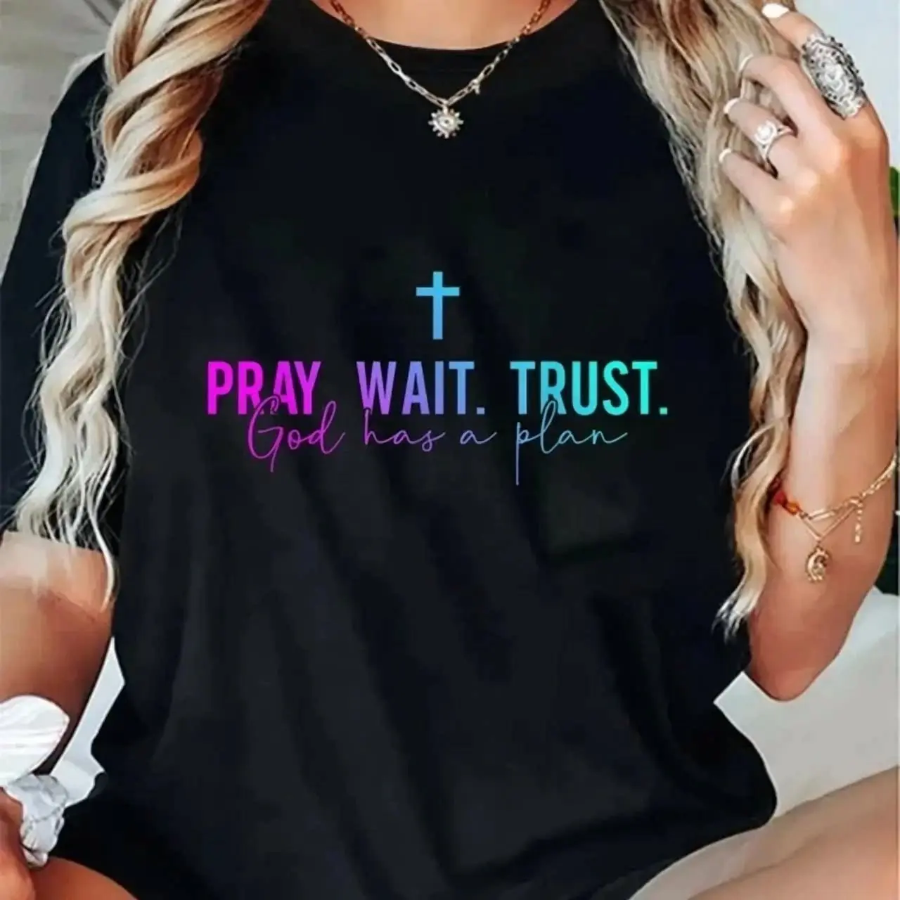 Pray Wait Trust God Has A Plan Rainbow Cross Letter Women's T-shirt-100% Cotton, Short Sleeve, Round Neck, Gradient Faith Inspirational Text Print-Suitable for Daily Casual & Church Faith Party, Loose Oversized Breathable Soft Basic Top