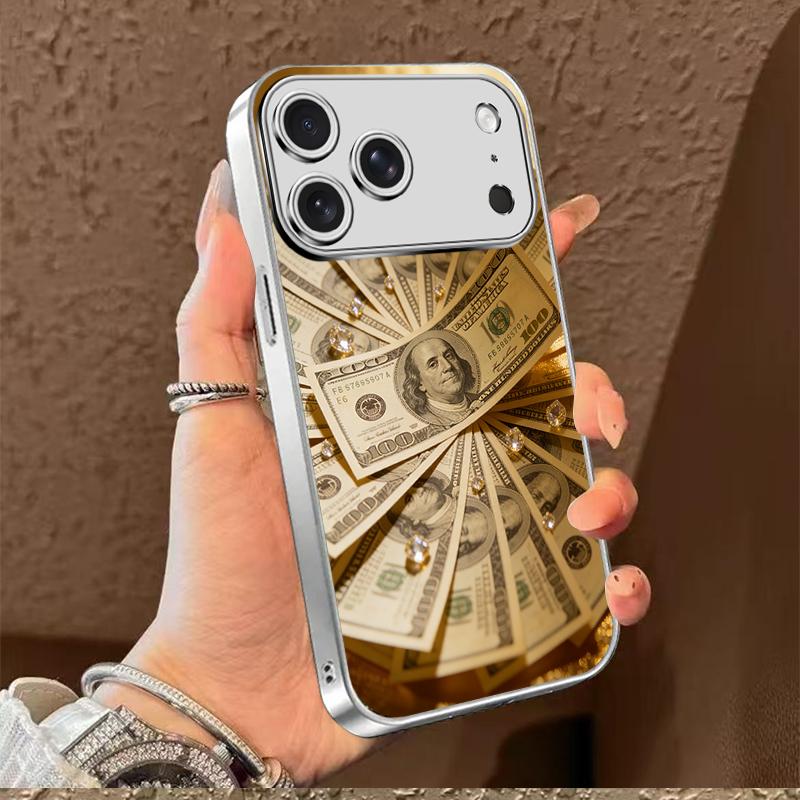 Creative Dollar Bill Elements and Diamond Pattern Electroplated Anti-fall Phone Case, Suitable for Holiday Gifts,for iPhone 17 Pro Max Phone Case 17 Air 16E 16 Pro Max 15 Pro Max 15 Plus 14 Plus 13 12 11 Phone Cases