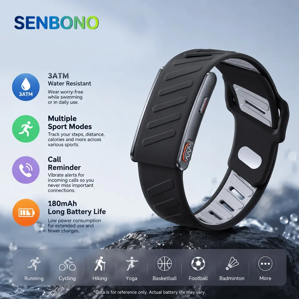 Senbono Smart bracelet with Long Battery Life, No Screen Design, 3atm Waterproof,Fitness Tracker Call Reminder, Compatible with Android and iOS for Men and Women
