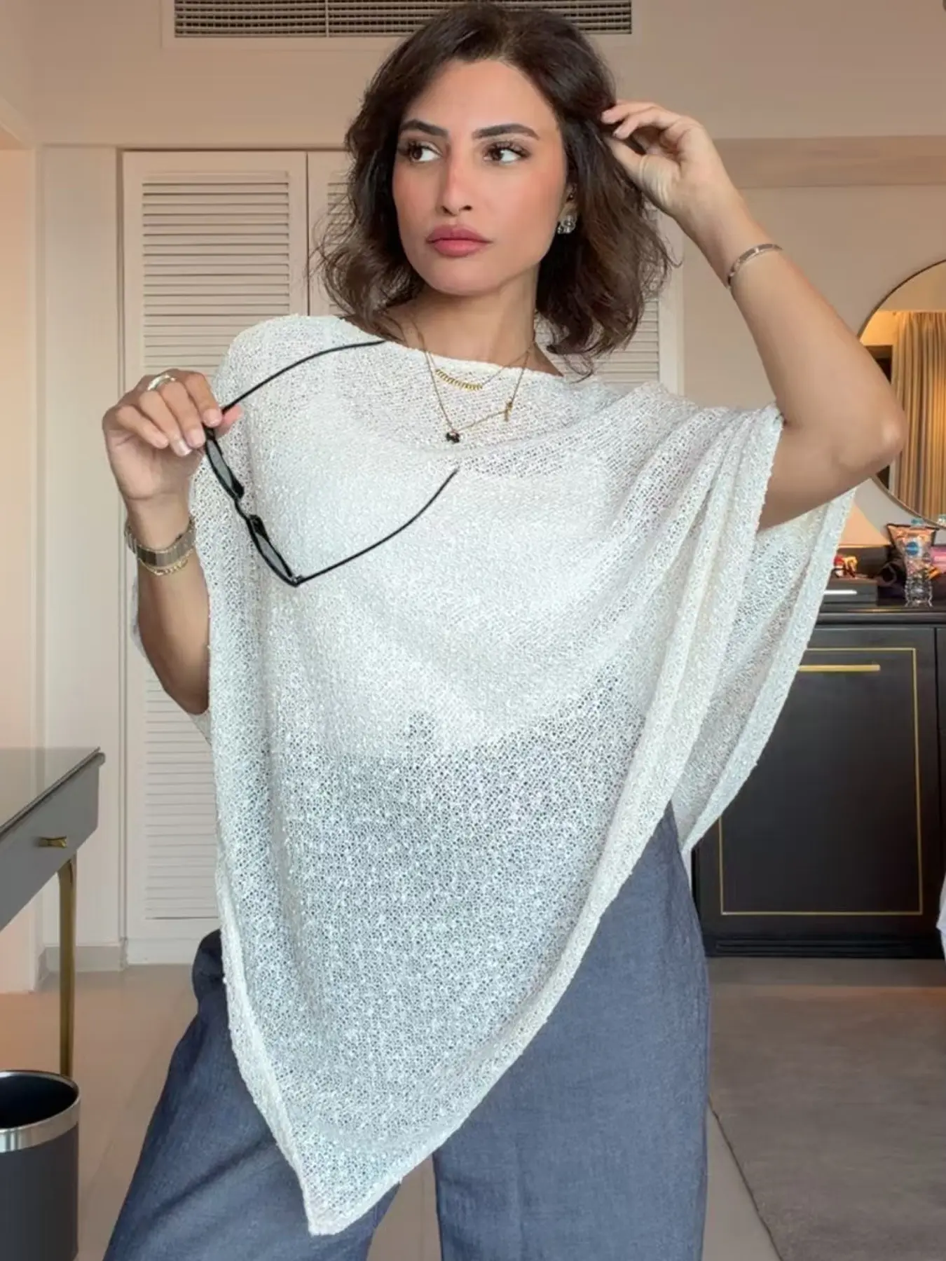 White Asymmetric Cape Women's Blouse Shirts Light Shirt Summer 2026 Casual Sheer Loose Baggy Hollow Out Batwing Sleeve Poncho Translucent Oversized O-Neck Cloak Fashion Beach Resort Holiday Tops