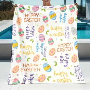 1Pc Happy Easter Eggs Pattern Print Flannel Blanket |   Soft Warm All-Season, Suitable For Sofa, Bed, Office, Shawl, Camping And Travel, Perfect Gift Blanket, Birthday Anniversary Gift, Travel Essential, Festive Pattern, Home, Polyester