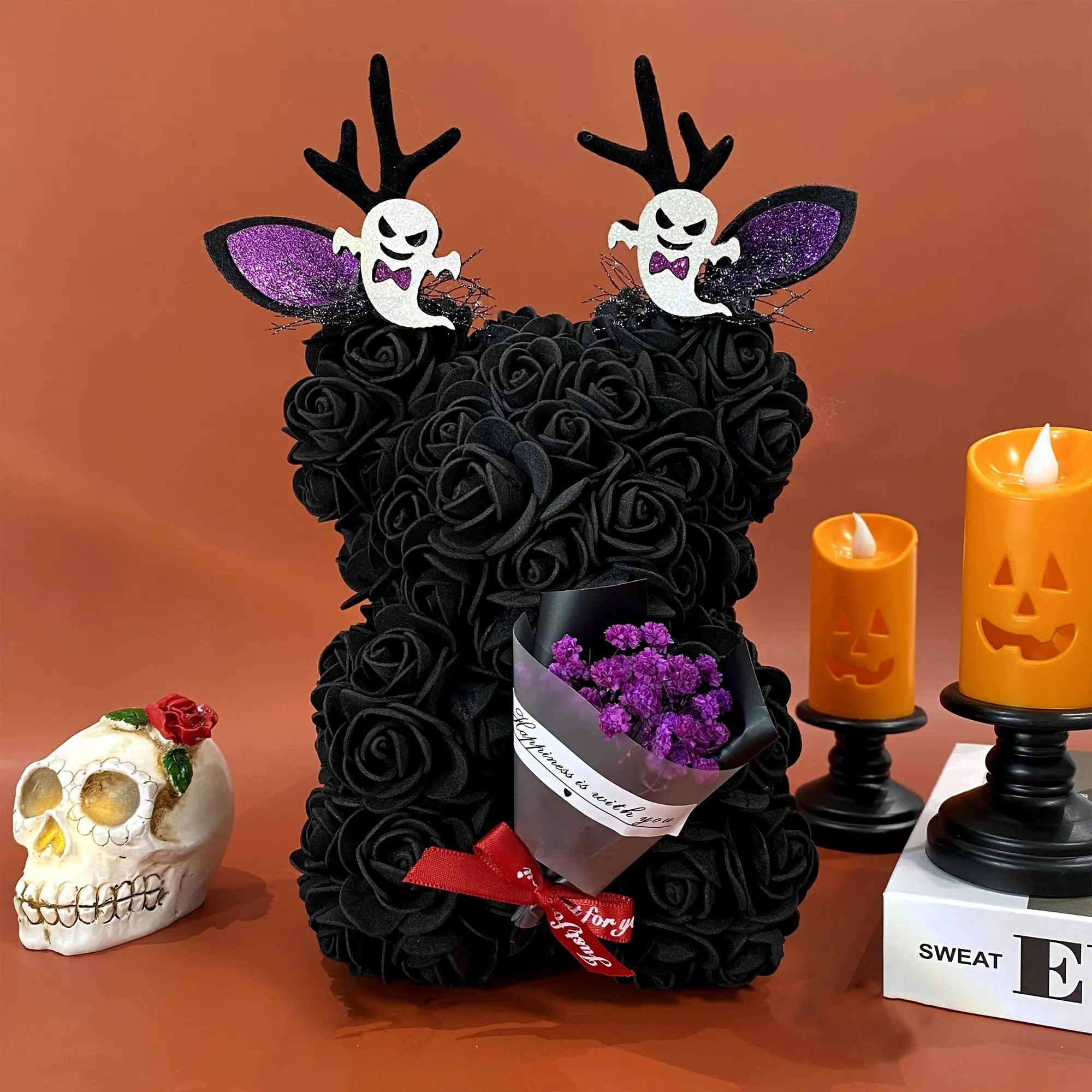 1pc DIY Halloween Themed Creative Handmade Faux Eternal Rose Hugging Bear, Bat, Spider, Witch hat, Pumpkin, Ghost, Bouquet Decoration DIY Artificial Flower Bear, Romantic Gift for Halloween Surprise, Valentine's Day, Wedding Decor, Home Decoration
