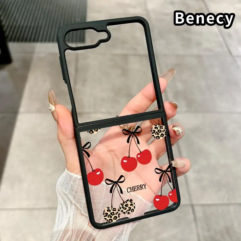 Durable Acrylic & Transparent Silicone TPU Cellphone Case for Samsung Z Flip 7/6/5/4, Folding Phone Accessory with Double Protection & Camera Lens Guard, Cherry Bow Pattern Cover, Accessories, Shockproof