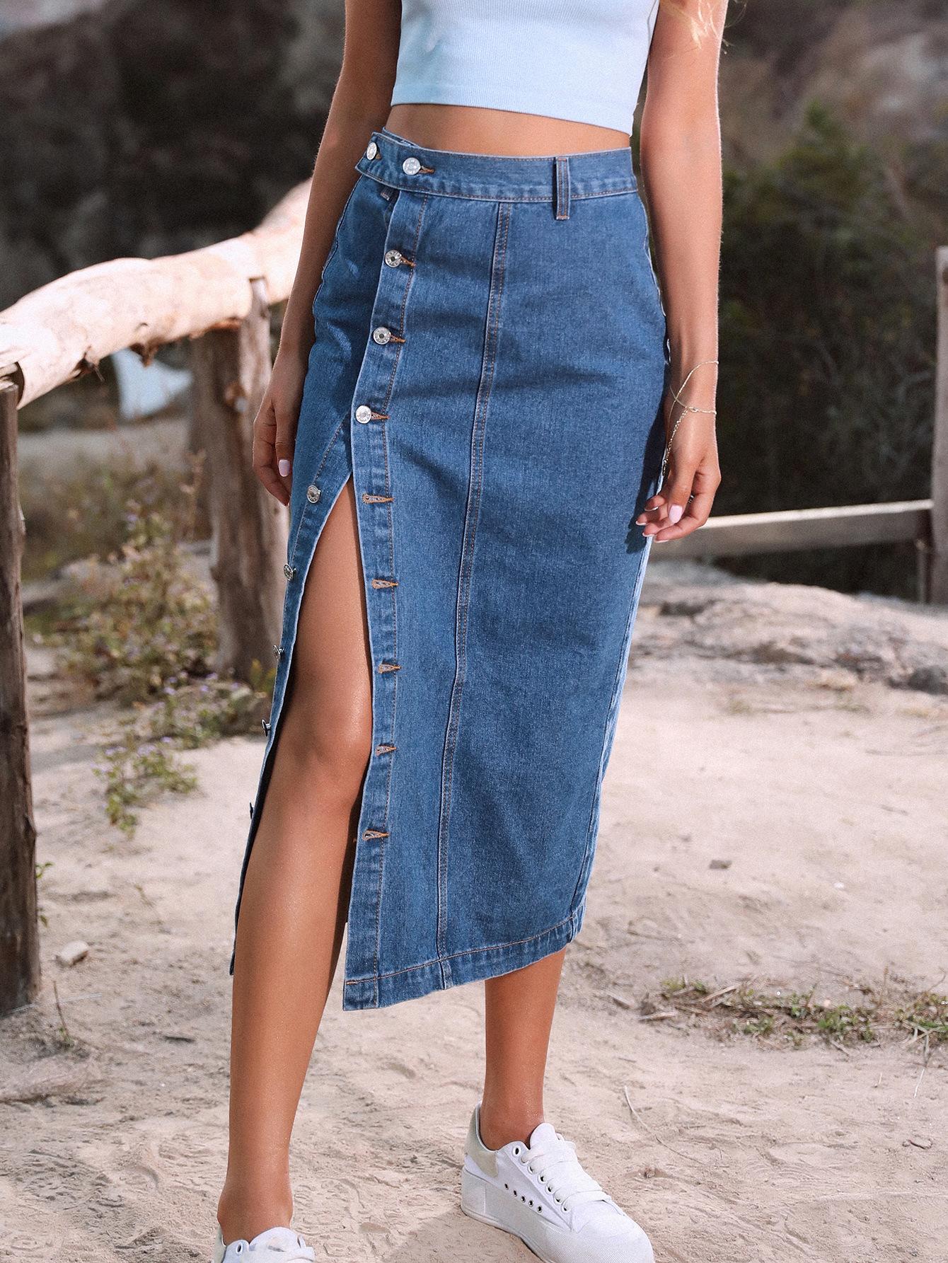 Women's clothing European and American INS irregular split denim high waist skirt