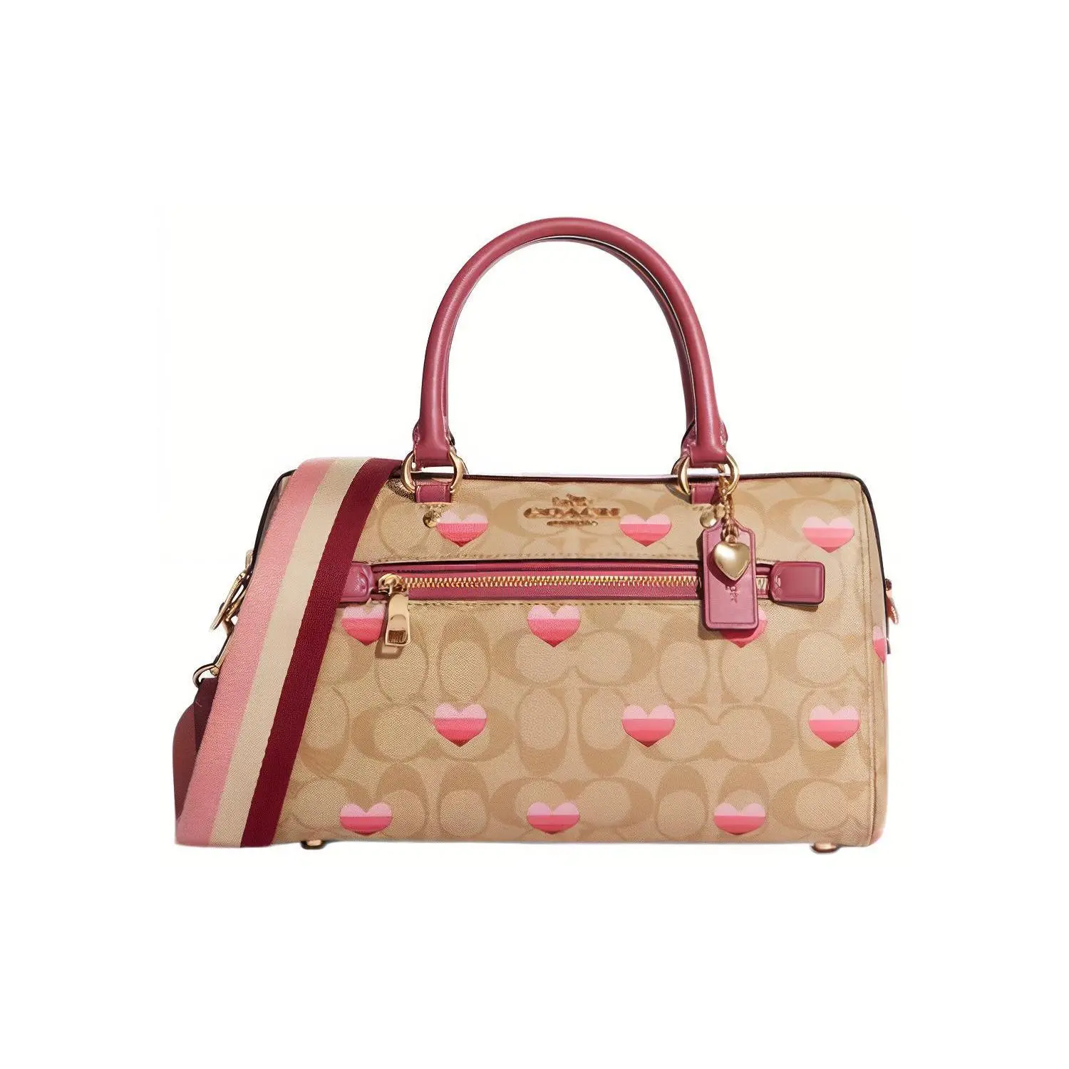 COACH Rowan Heart-Print Classic Monogram Vegan Leather Shoulder Bag for Women, Medium, Brown