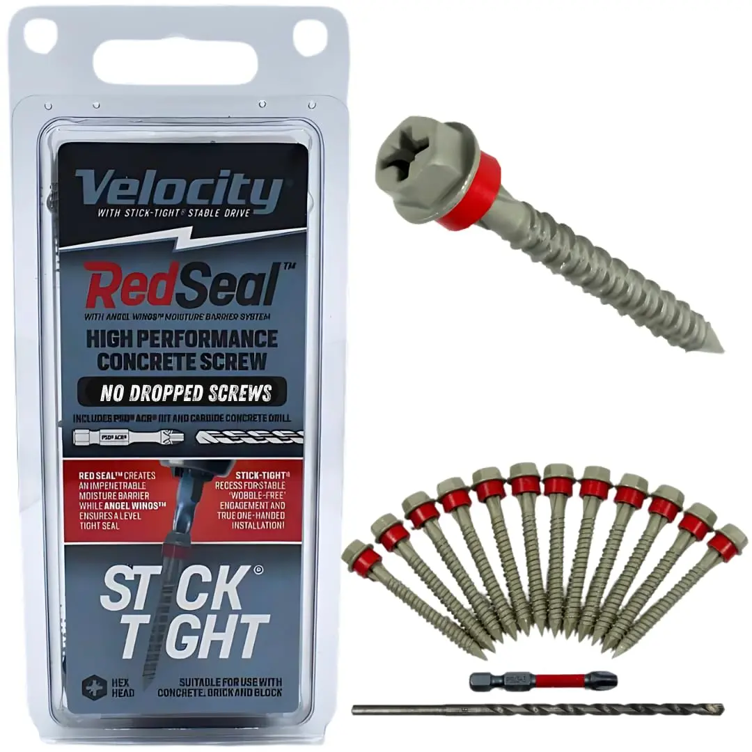 Velocity 2 1/4 Concrete Screws Set with RedSeal  Barrier (Hex , 1/4”) – 12 count High-Performance Masonry Screws, Stick Tight Technology, 1  ACR Drive Bit and 1 Carbide Concrete Drill Bit