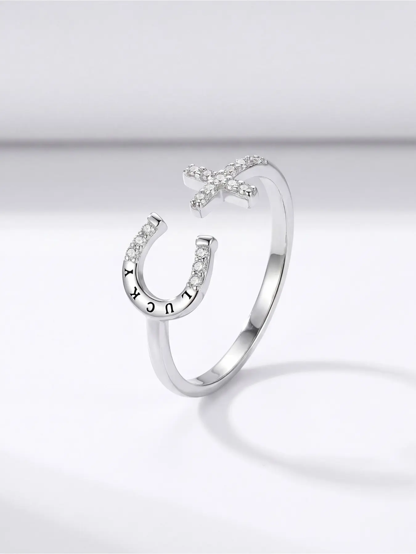Faith & Fortune Silver-Plated Lucky Amulet Ring, Open Style with Horseshoe and Cross, Set with Clear Zircon, A Meaningful Gift for Special Occasions or Sentimental Gifting