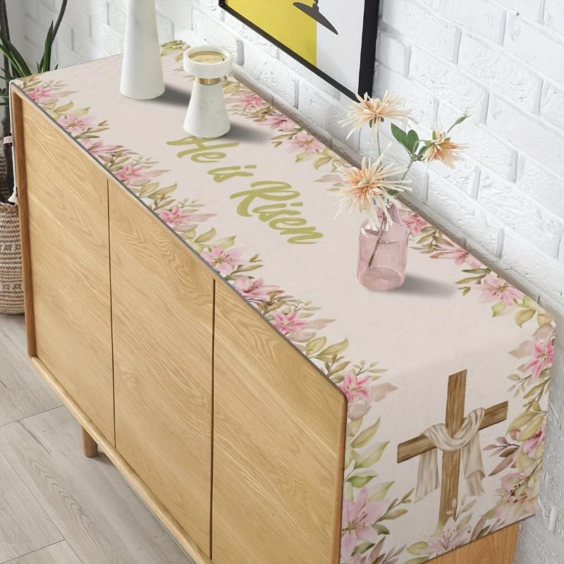 Easter Table Runner - He is Risen, Spring Holiday Party Decoration for Home & Kitchen