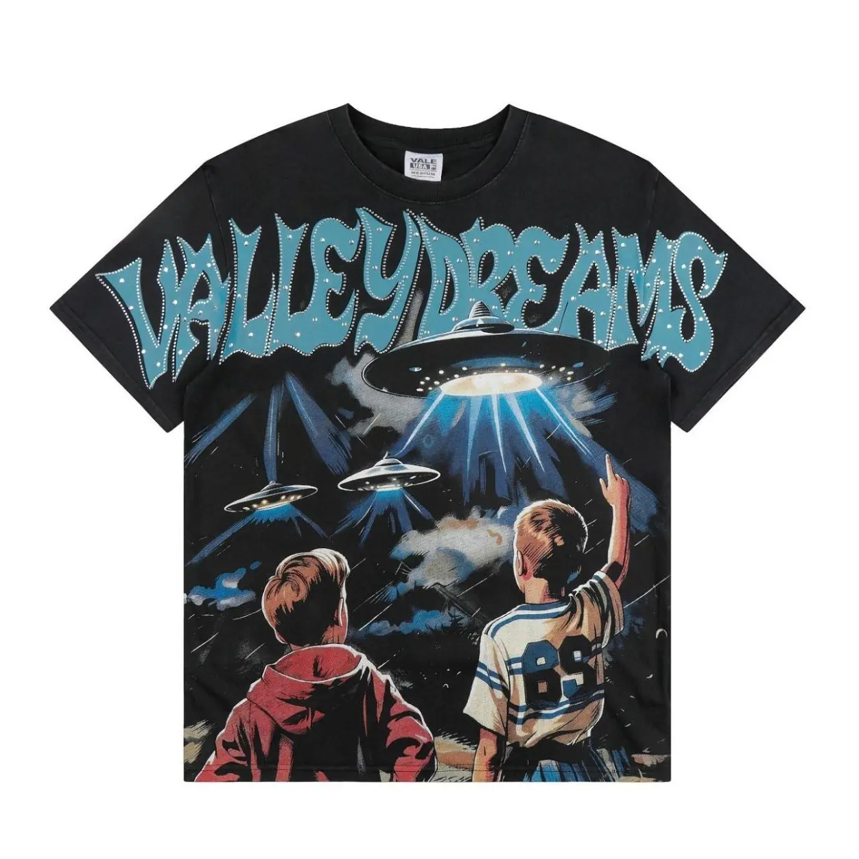 VALE Vintage Wash Rhinestone Cropped T-Shirt 100% Cotton Loose Oversized Y2K Hip Hop Graphic Print Crew Neck Drop Shoulder Summer Casual Beach Party Streetwear Top Men Women Unisex