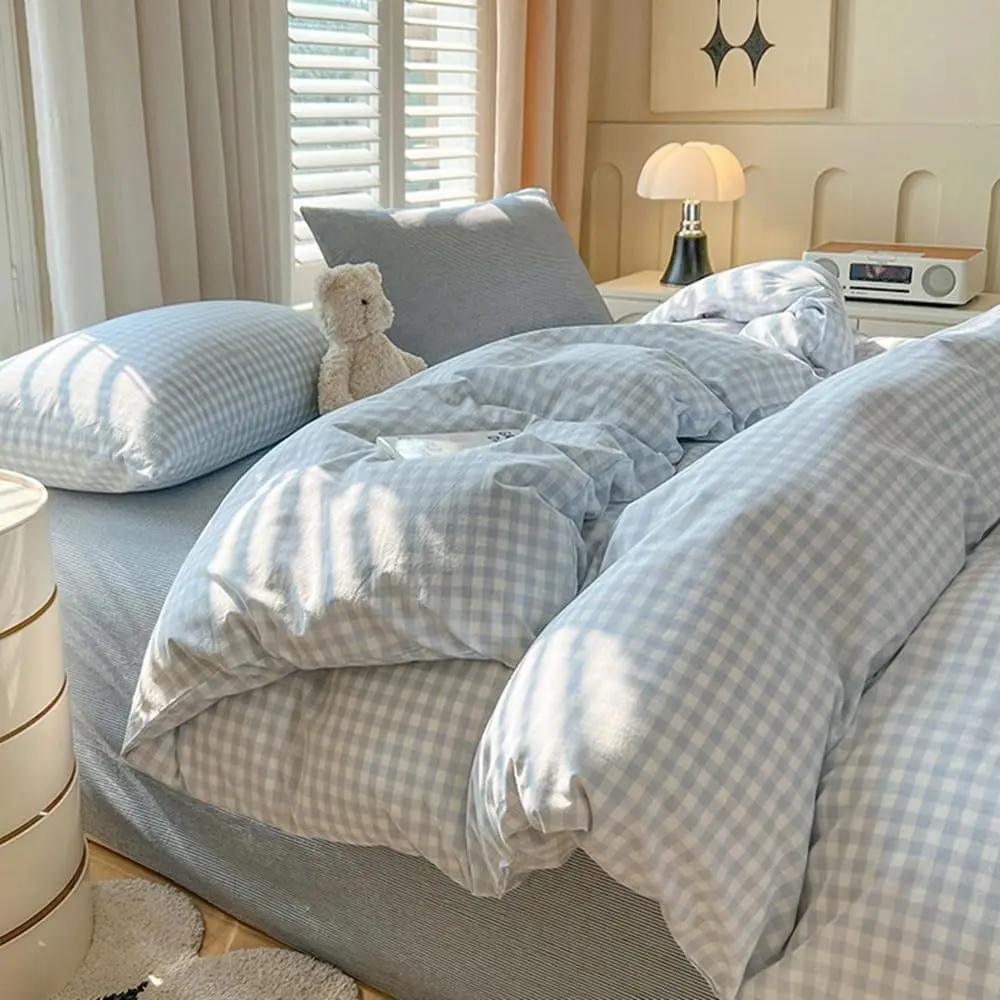 Women's 3-Piece Queen-Size Blue White Gingham Duvet Cover Set, Soft Breathable Washed Microfiber, Farmhouse Grid Bedding, Soft Fit Comforter Cover, Ideal Gifts for Women
