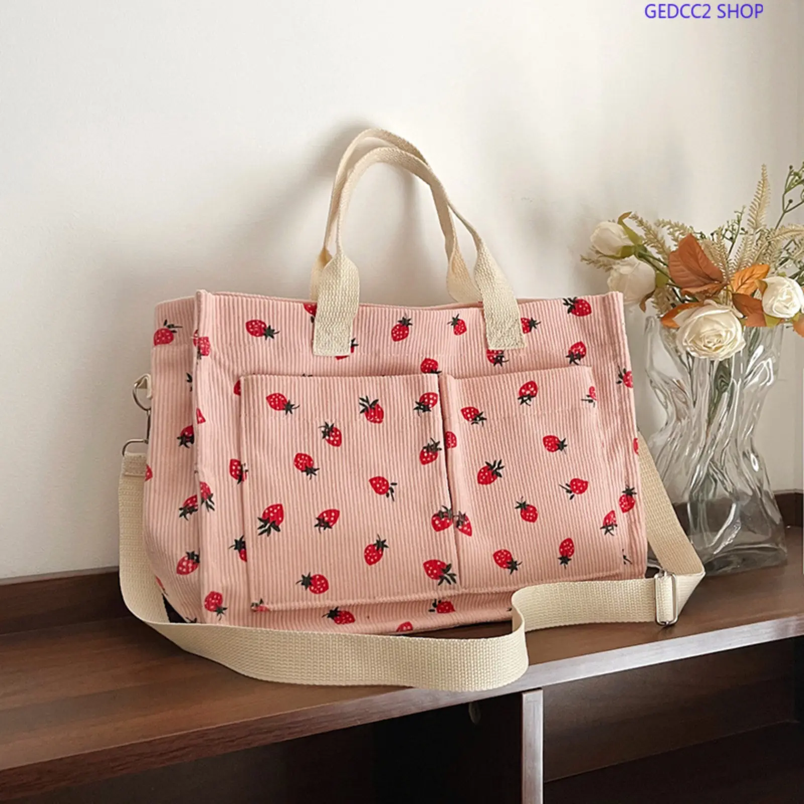 Strawberry Print Canvas Tote - Cute, Large-Capacity Shoulder Carryall with Multiple Pockets, Casual Bag for Camping, Shopping