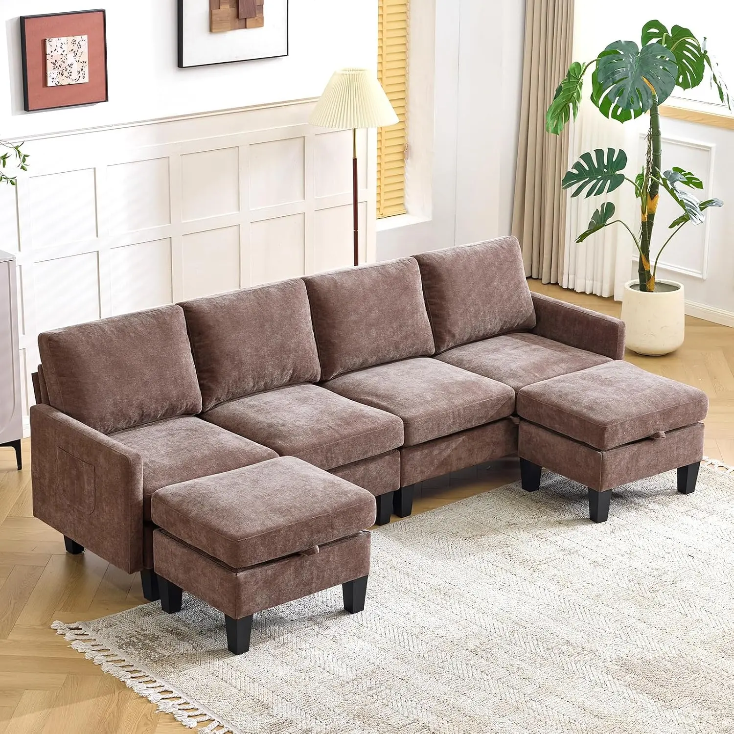VINGLI 100" W U-Shaped Sectional Couch with Storage & Movable Ottoman, Space-Saving Modular Sectional Sofa for Living Room, Chenille Fabric Cloud Sofa for Small Spaces