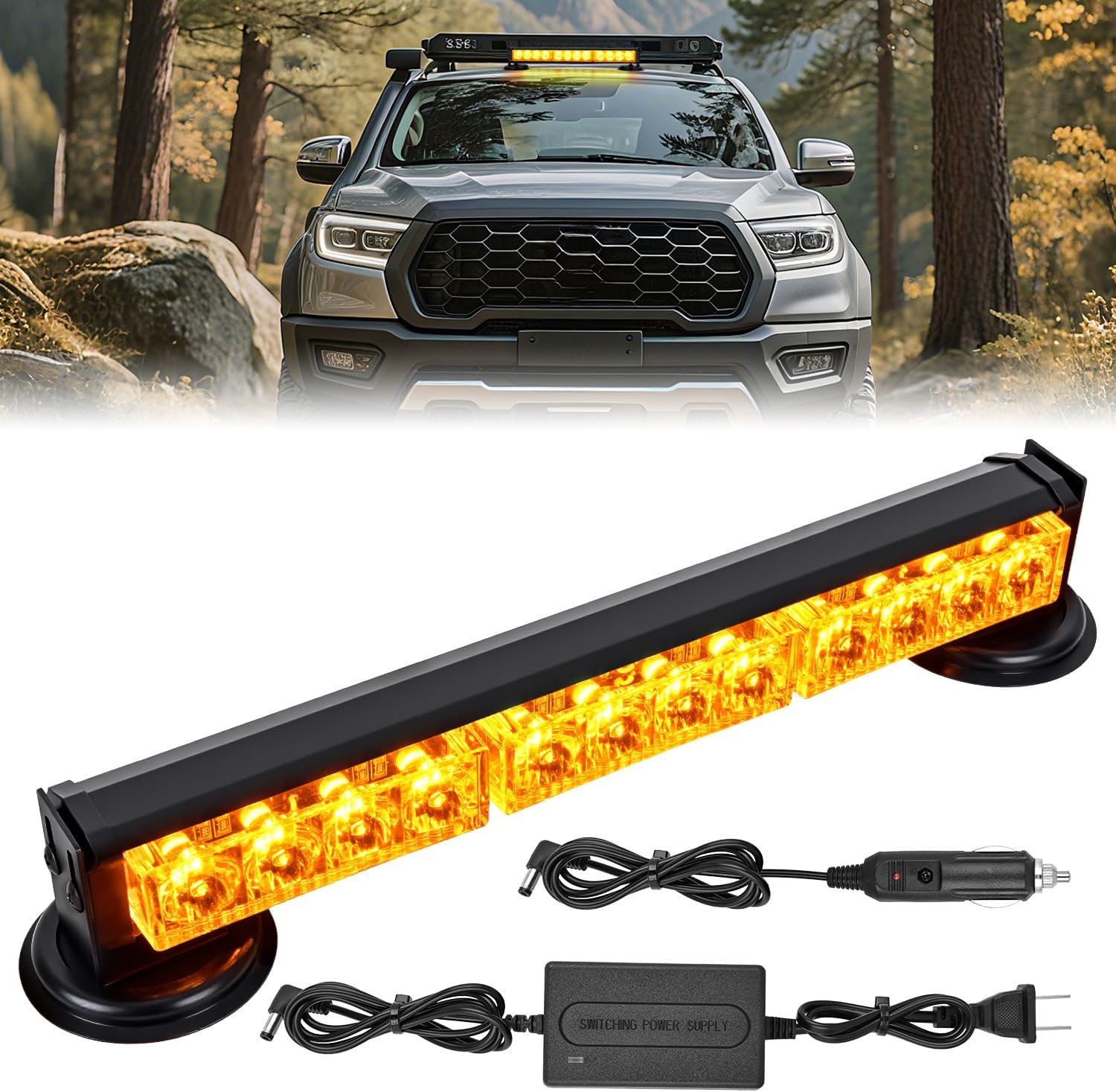 12LED Wireless Strobe Light Amber 14 Inch Magnetic Mount Mini Light Bar 12V Rooftop Powered Hazard Work Lights for Car Truck Trailer Snow Plow Construction Vehicles