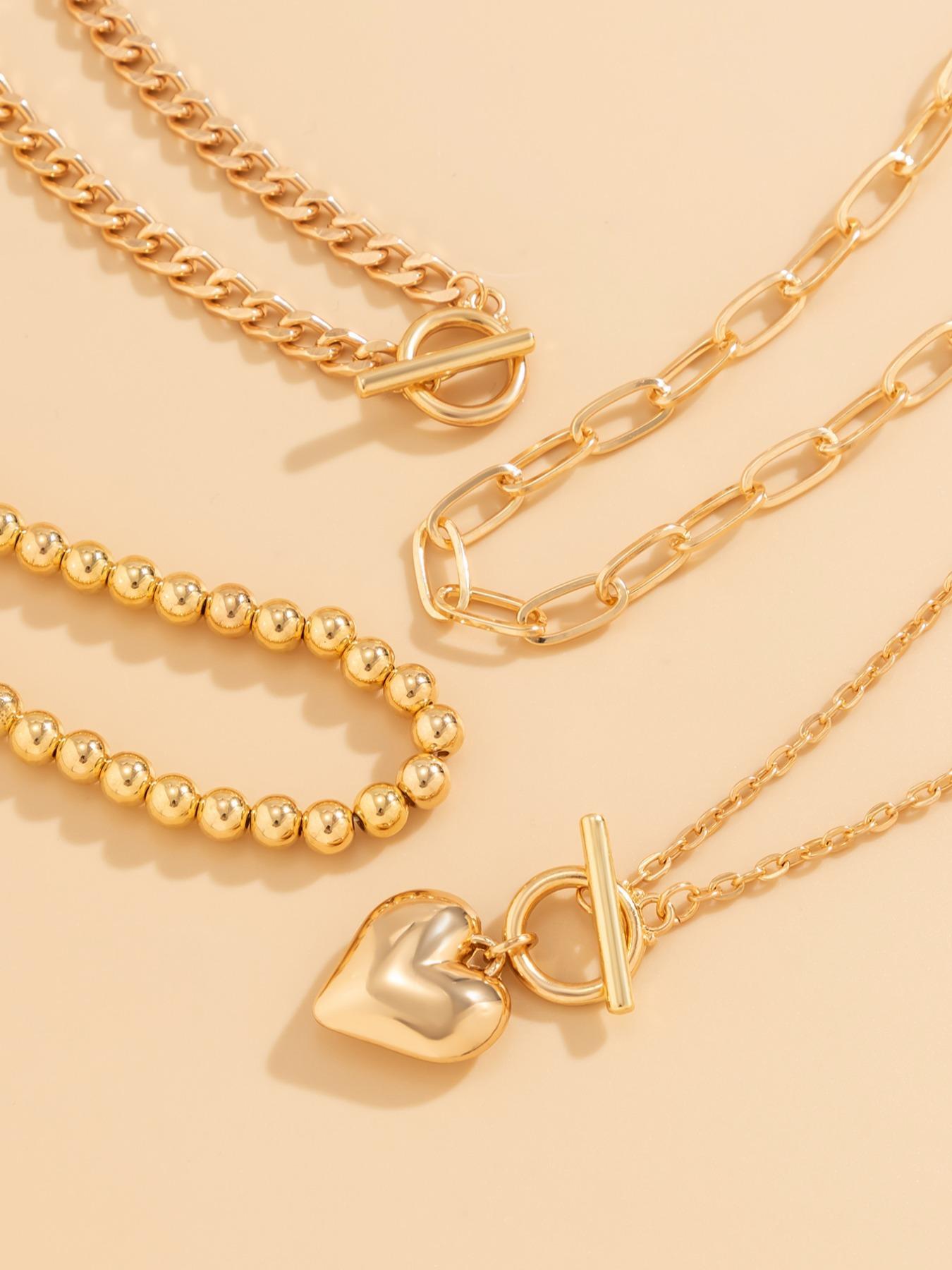 Women's Punk Style Love Heart Necklace & Chain Necklace & Beaded Necklace, Stackable Clavicle Chain, Multilayer Necklace, 4pcs/set Trendy Ot Buckle Design Matching Necklaces, Chic All-match Jewelry As Gift for Girlfriend, Exquisite Jewelry Gift