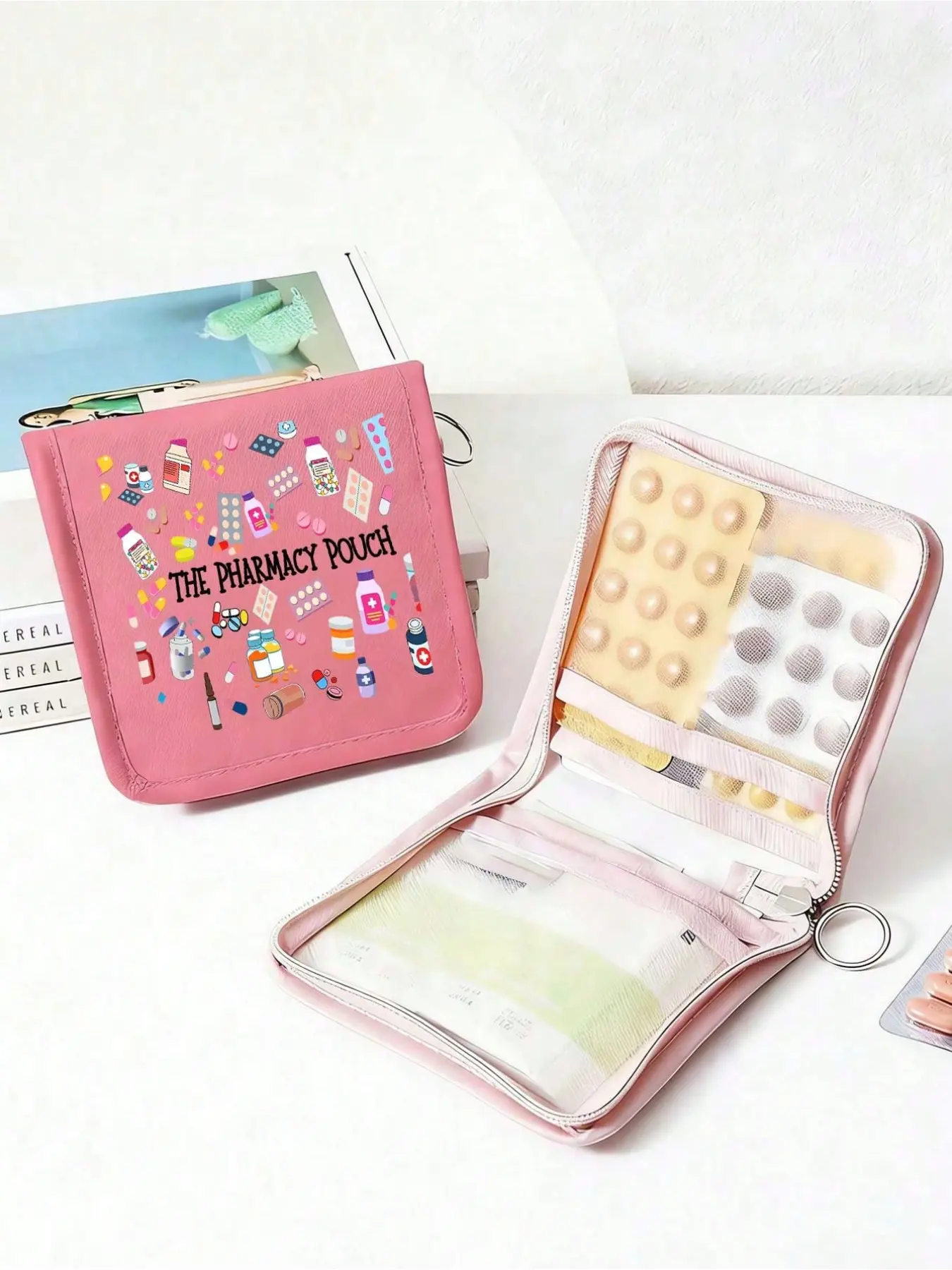 Portable Medicine Bag, Cute Cartoon Pill and Syringe Pattern Storage Pouch, Compact First Aid Kit, Travel Medical Kit, Multi-Functional Fabric Medication Bag, Travel Friendly Kit