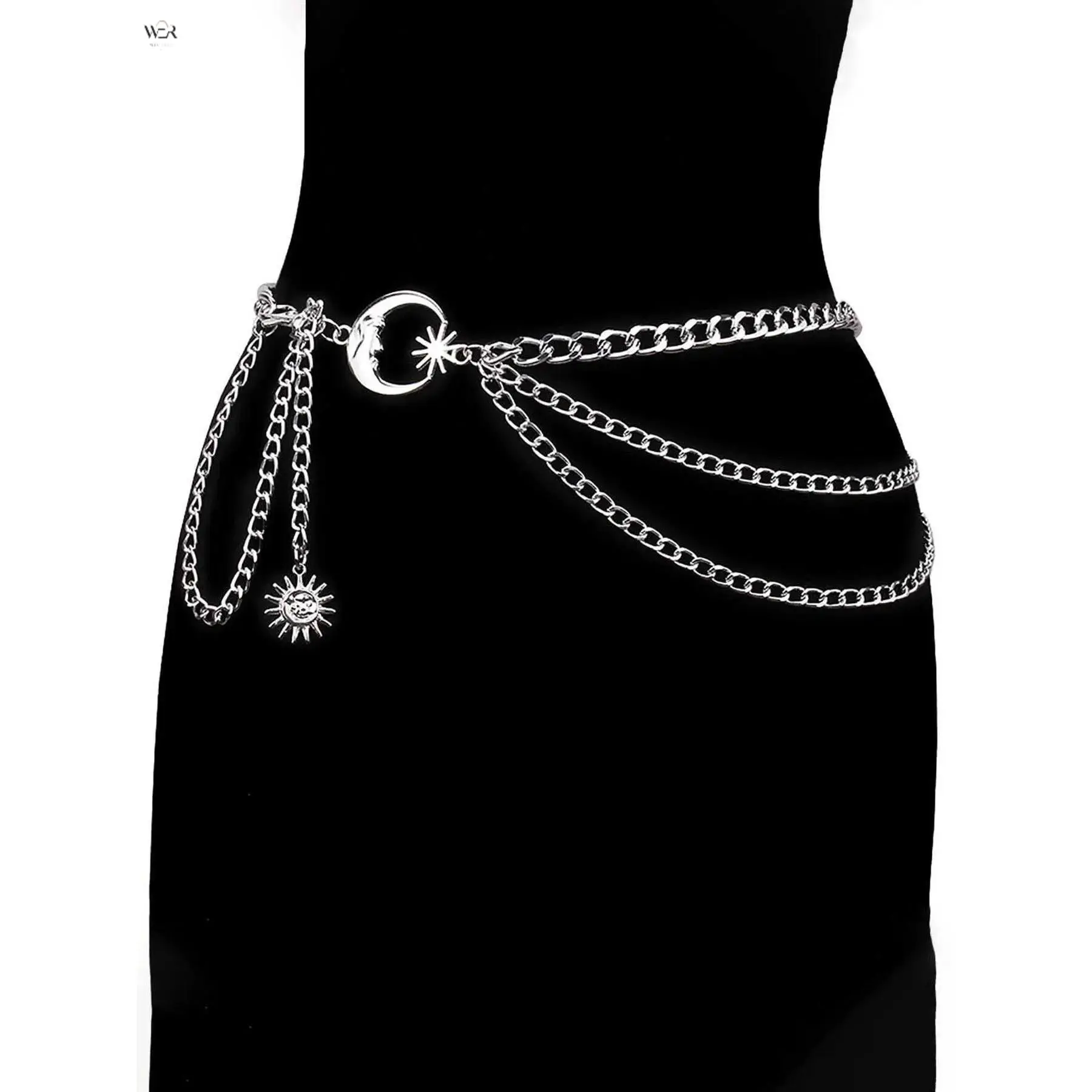 Unisex Punk Goth Adjustable Size Waist Belt - Silver Alloy Hollow Sun Moon Crescent Pendant, 3-Layer Triple Chain, Plain Design for Women's Dresses, Jeans, Party Wear