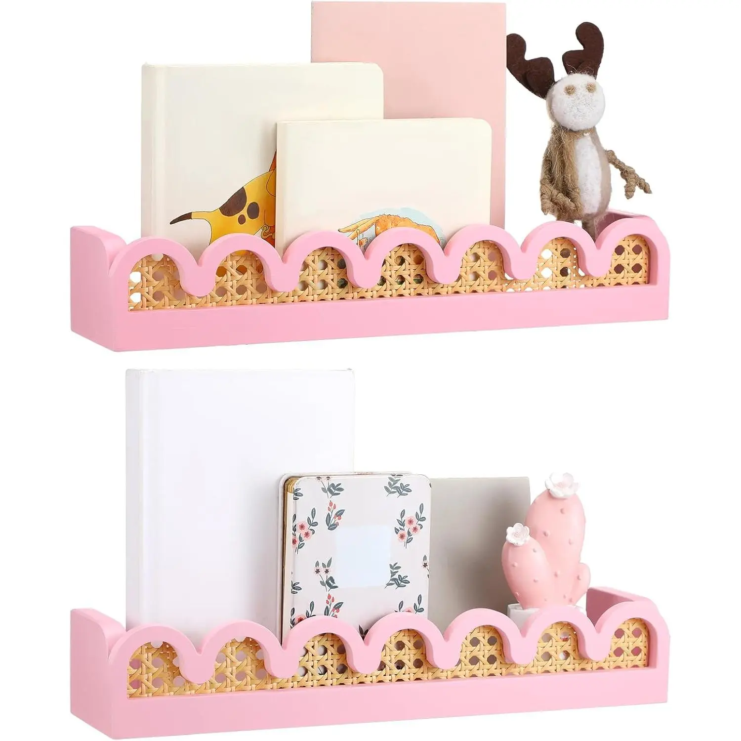 Pinkunn 2-Pcs Scalloped Rattan Wood Floating Shelves - Multifunctional Wall-Mount Storage Shelf for Bedroom Beauty Display Items, Boho Kid Room Decor (Pink)