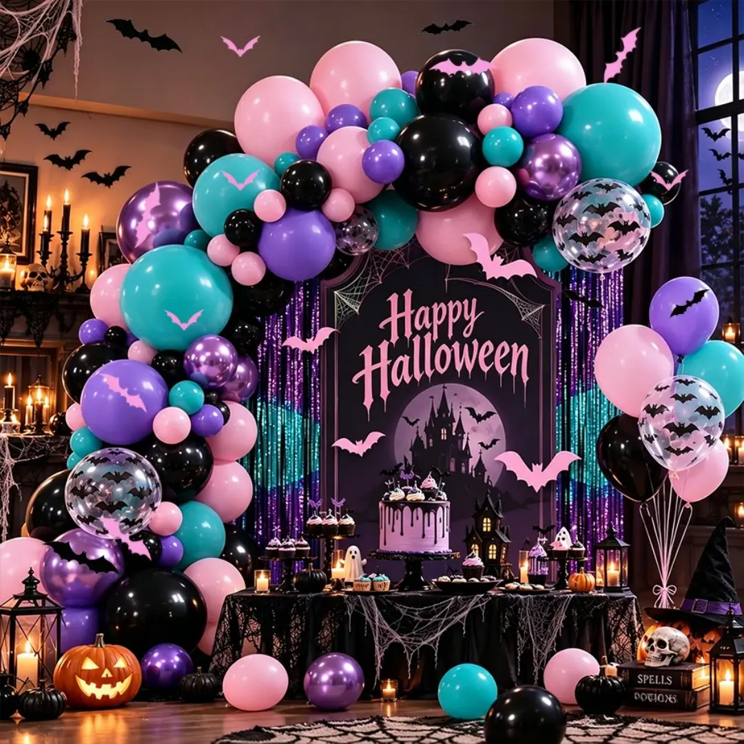 Halloween Balloon Wreath Set, Blue Latex Balloons, 3D Bat Stickers, Gothic Halloween Party Decorations, 135 Pieces