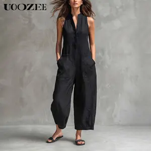 UOOZEE Women's Basic Jumpsuit, Soft Rayon Nylon Blend Solid Black Sleeveless Button-Down, Loose Wide Leg Vacation Outfit with Pockets