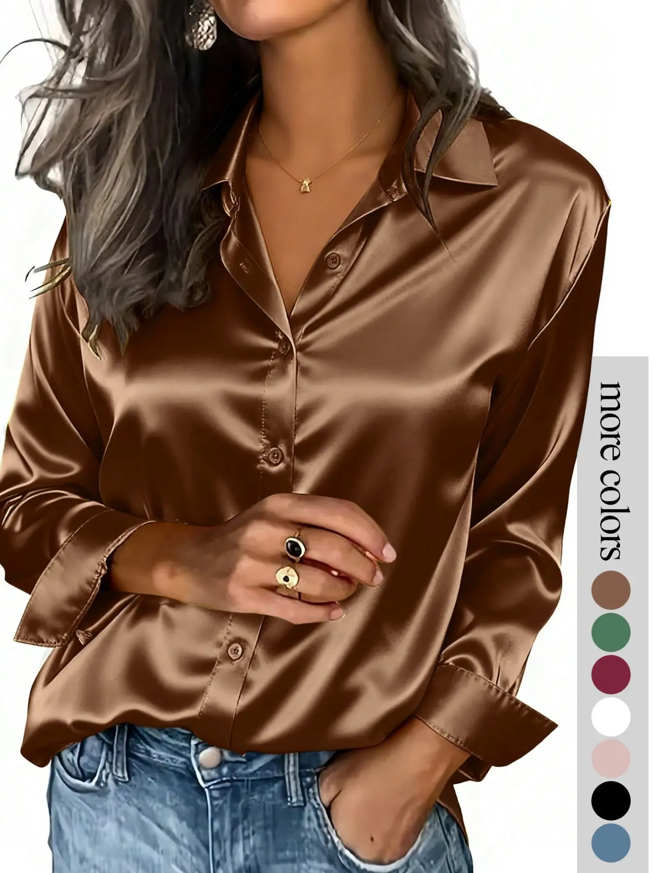 Women's solid color satin non-stretch button long-sleeved casual shirt, suitable for casual office wear and commuting, and appropriate for both spring and autumn.