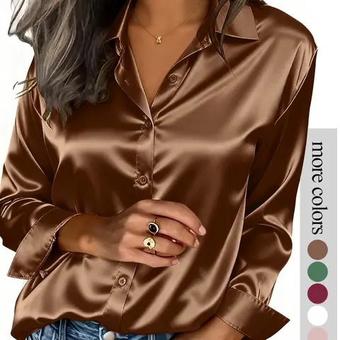 Women's solid color satin non-stretch button long-sleeved casual blouse shirt, suitable for casual office wear and commuting, and appropriate for both spring and autumn.