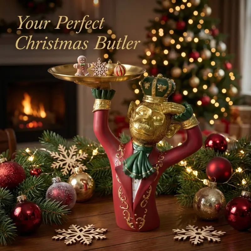 Upuilpuil Christmas Regal Monkey King Bowl Holder - Whimsical 11" Resin Tabletop Figurine, Butler Monkey in Red Velvet Coat holding Gold Serving Tray, Unique Xmas Gift and Nutcracker-Style Home Decor Accent, Perfect for Holiday Sweets & Parties