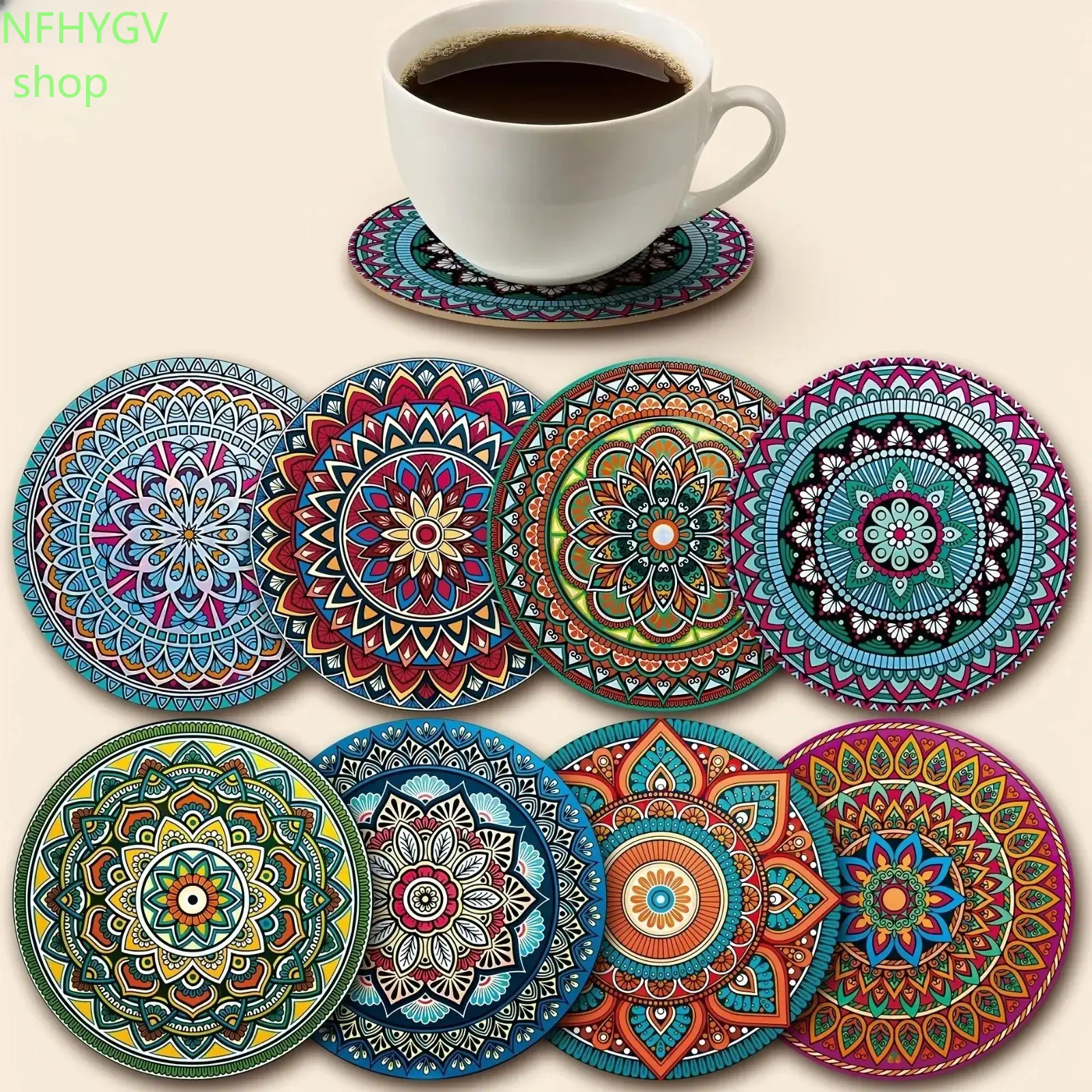 8 Pack Mandala Wooden Drink Coasters, Boho Decorative Heat Resistant Cup Mats, 3.94 Inch Square Wood Coaster Set for Table Protection, Suitable for Home Kitchen, Office Bar, Daily Use, Parties and Holiday Festivals