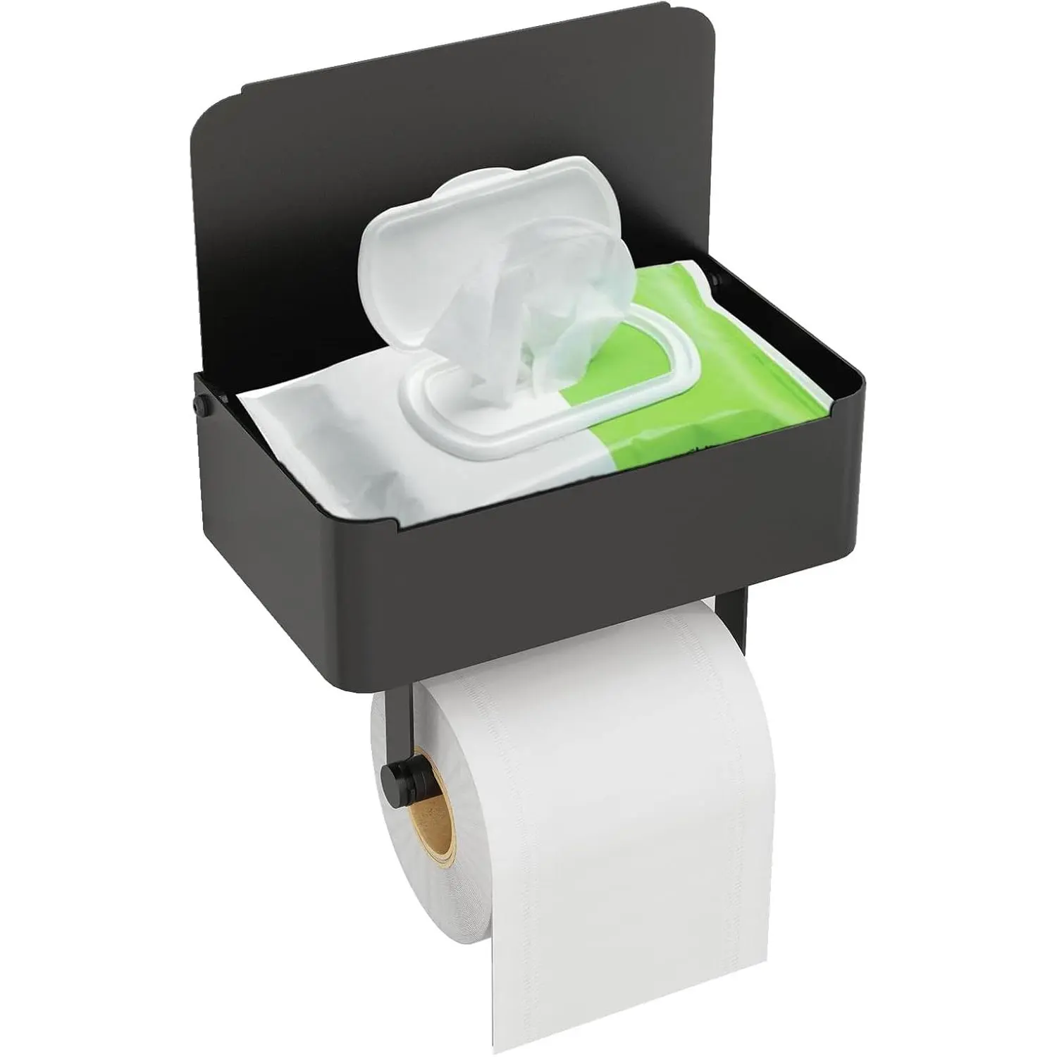 Toilet Paper Holder with Shelf, Flushable Wipes Dispenser Fits for Bathroom Wipe Storage, Keep Your Wipes  Out of Sight - SUS304 Stainless Steel Wall Mount Organizer (Matte Black)
