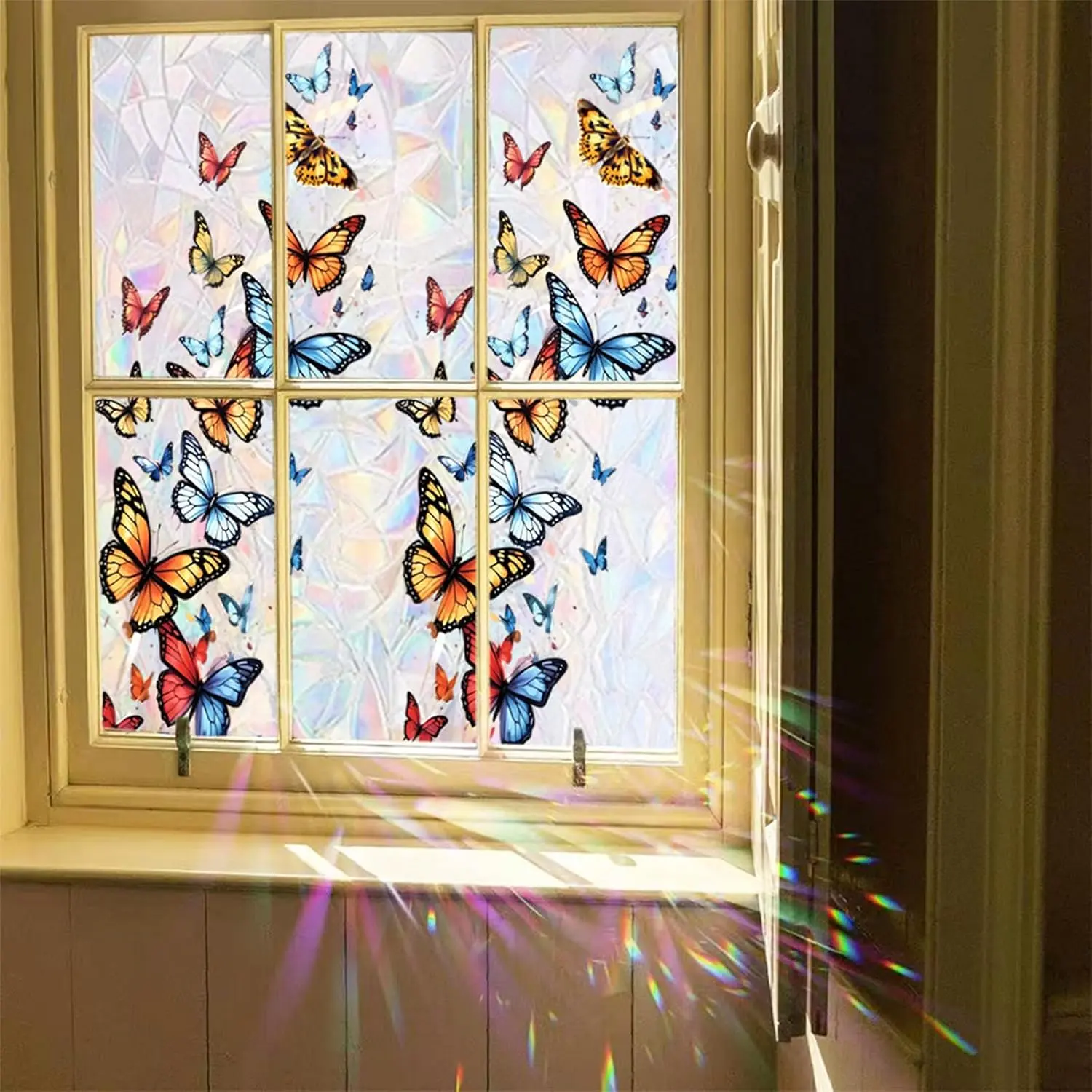 Butterfly Window  Film Rainbow Film Decorative Window Sticker,  Static Stained Glass Cling Tint for  Heat Control Non-Adhesive 17.7 * 43.3inch