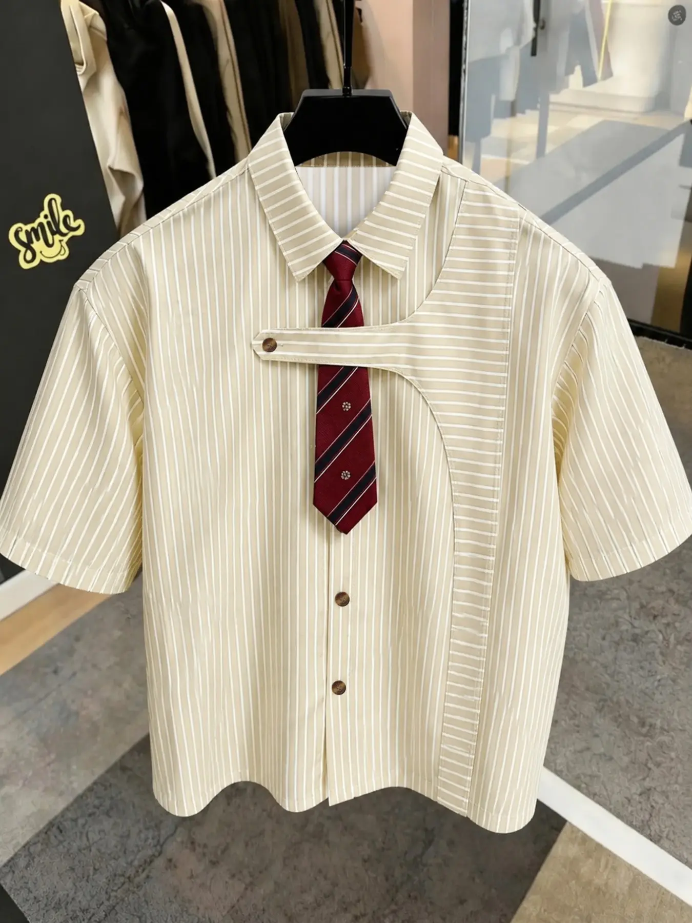 Striped Shirt for Men and Women, Mock Tie Detachable, Asymmetric Placket, Casual Street Fashion, Party, Vacation, Business Casual, Casual Clothes, Tops, Aesthetic