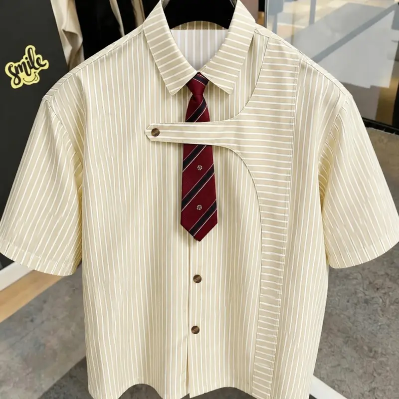 Striped Shirt for Men and Women, Mock Tie Detachable, Asymmetric Placket, Casual Street Fashion, Party, Vacation, Business Casual, Casual Clothes, Casual Apparel, Tops, Aesthetic