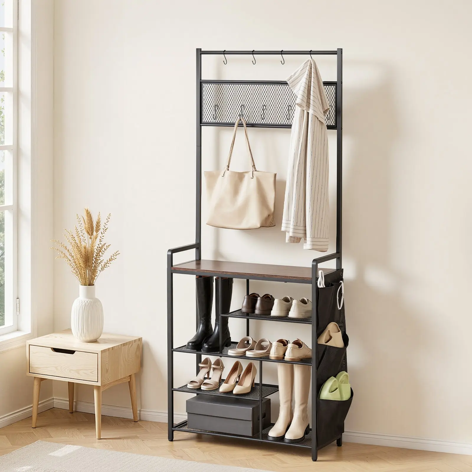 【Summerfinds】VEVOR Sturdy Minimalist Hall Tree Clothes Storage Organizer, 70.9 in Adjustable Decorative Coat Rack with 4-Tier Shoe Shelf, Hanging Hooks, Side Pocket, Wire Shelf, Steel Frame, Easy-Install Entryway Closet Secure Holder, Closet Storage Organ
