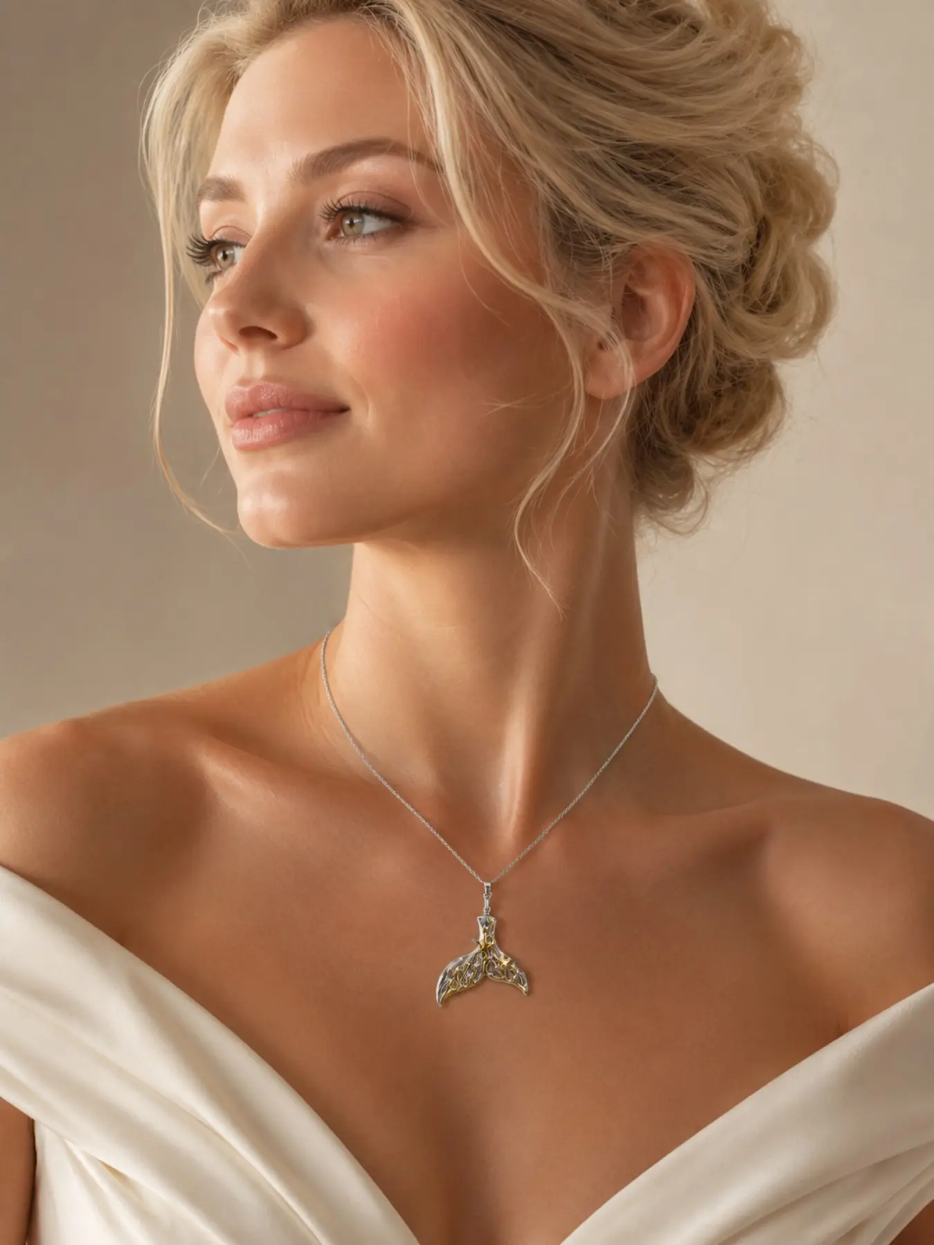Two-Tone Whale Tail Pendant Necklace, Women's Silver Ocean-Inspired Mermaid Jewelry Gift, Valentine's Day Present with Box and Card